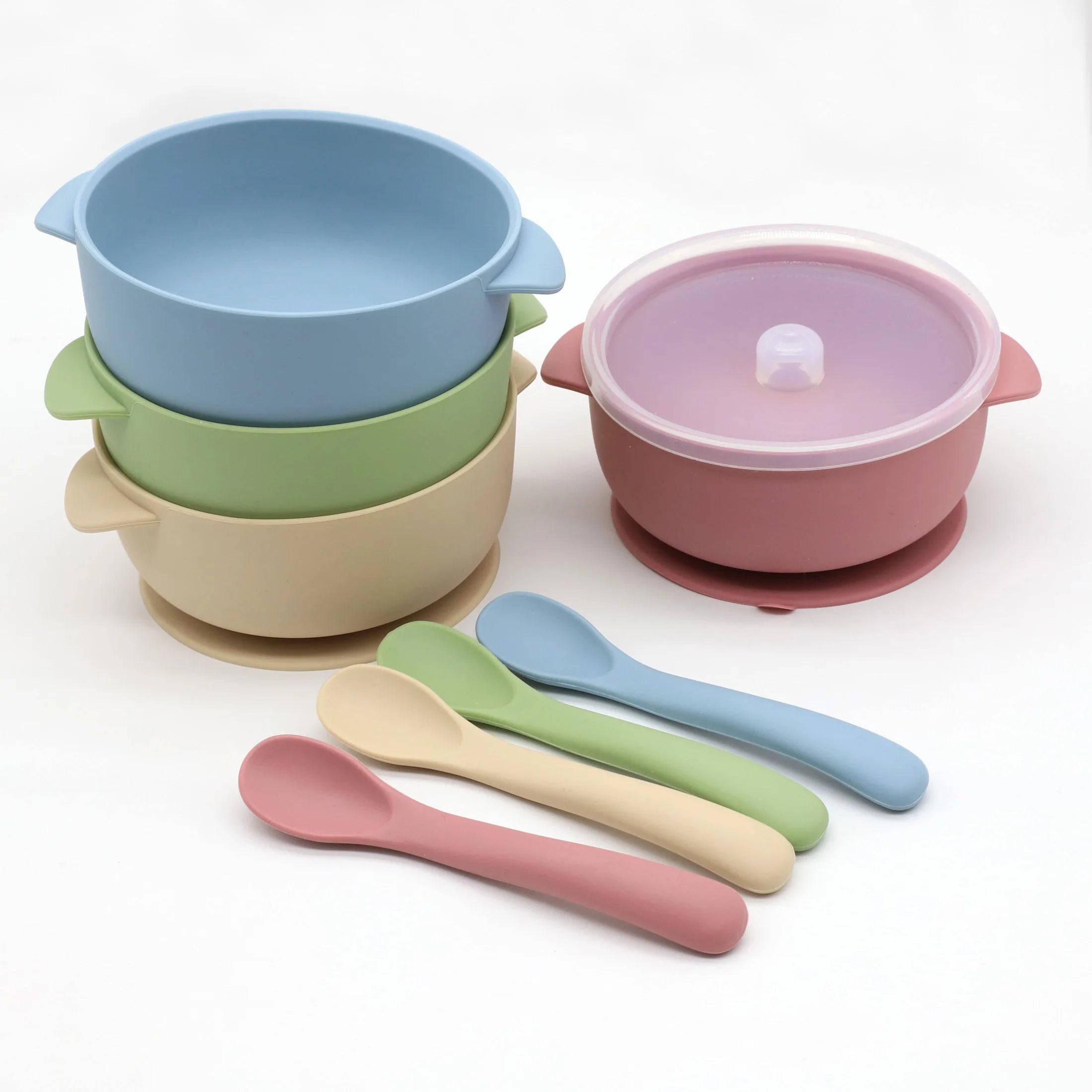 3 piece silicone baby bowl set with suction base lids and feeding spoons