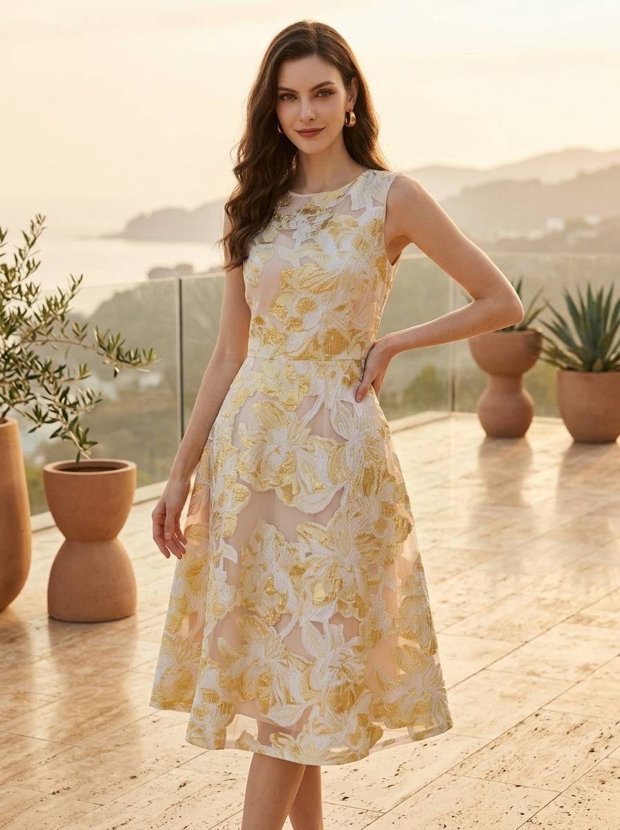 Golden floral jacquard organza midi dress
