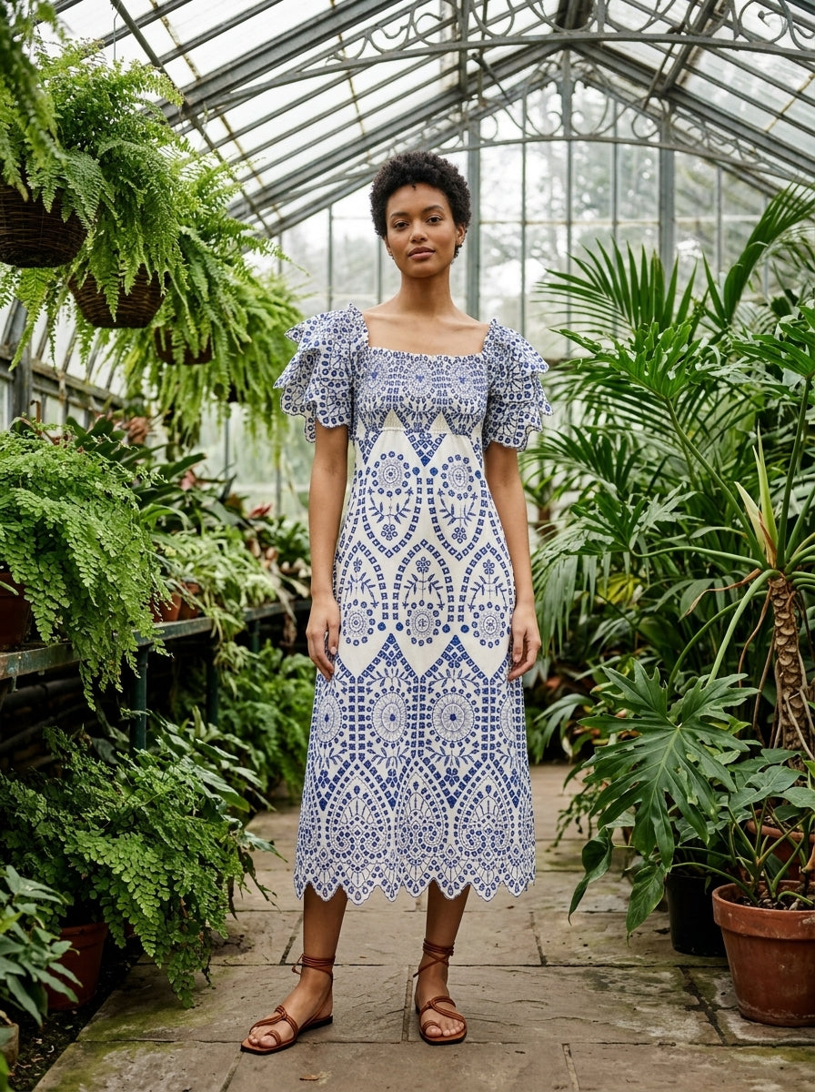 Blue embroidered cotton midi dress