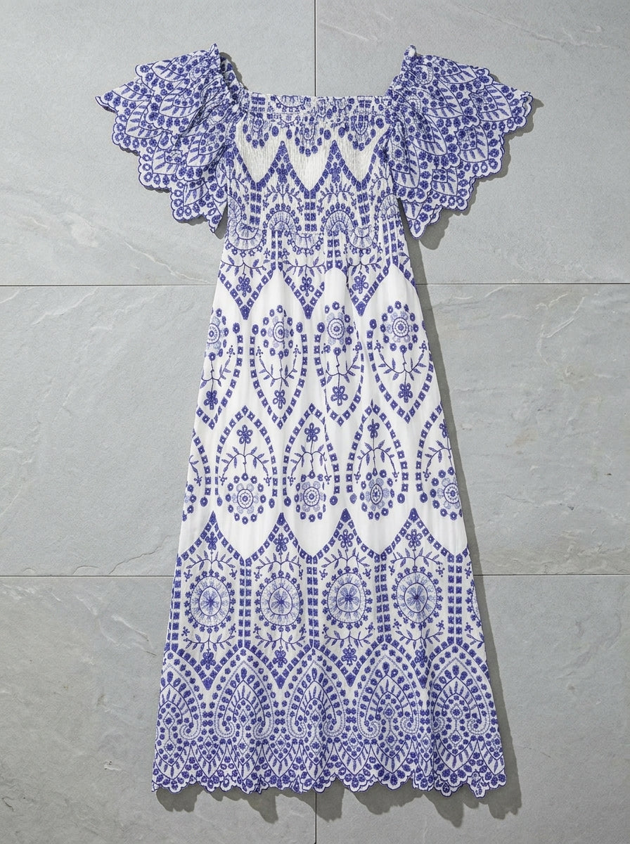 Blue embroidered cotton midi dress