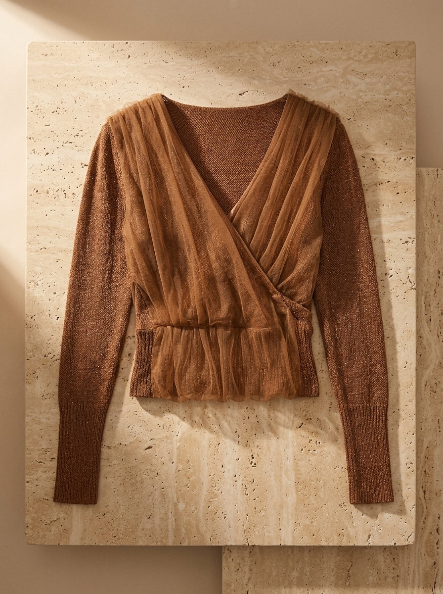 Caramel mesh wrap knit crop top