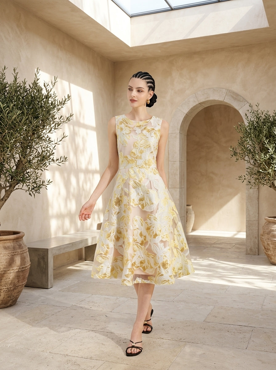 Sleeveless floral jacquard dress