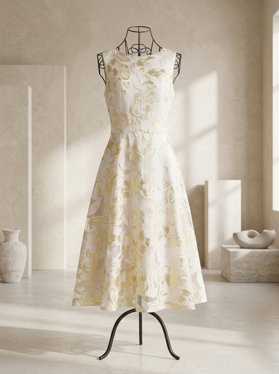 Golden floral jacquard organza midi dress