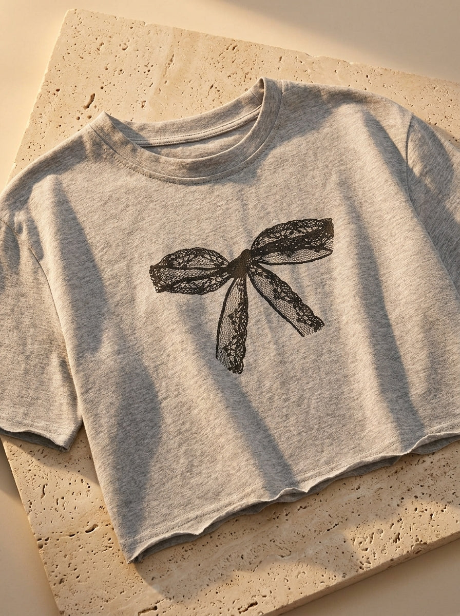 Grey bow print cotton T-shirt