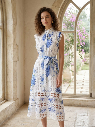 Blue hydrangea floral midi dress