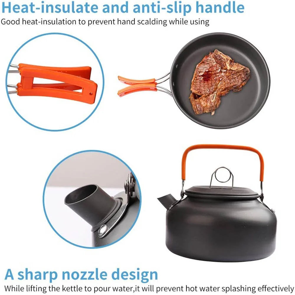 lightweight camping cookware kit with teapot frying pan and cooking pot