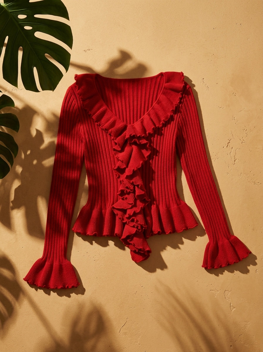 Women's red ruffle knit top