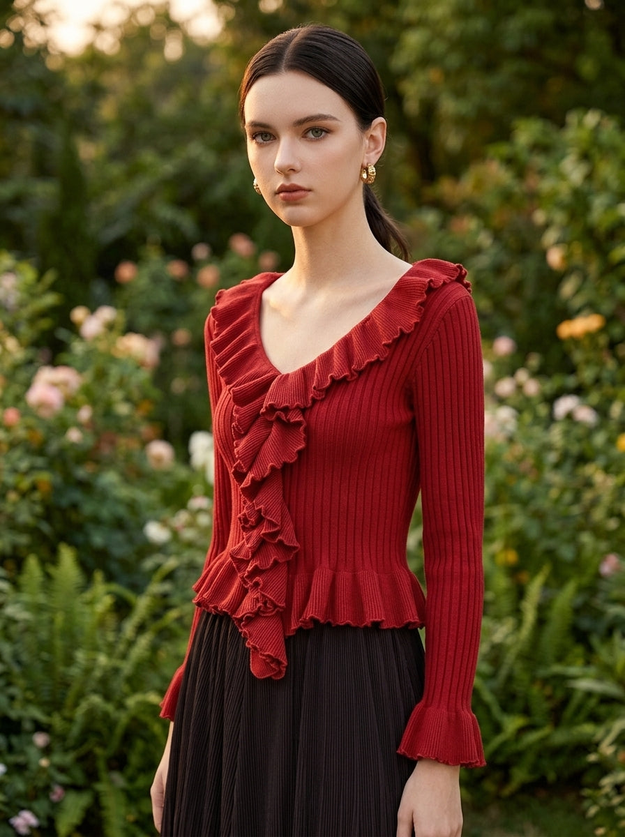 Red V-neck ribbed knit top