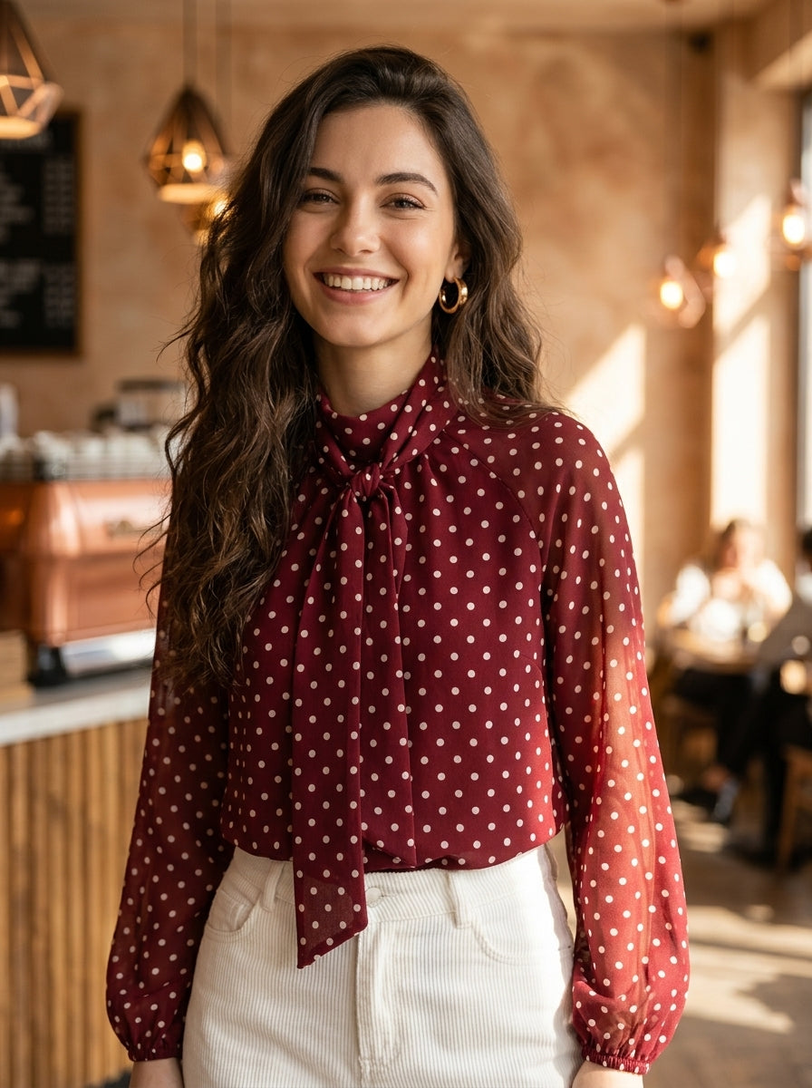 Red polka dot tie neck blouse