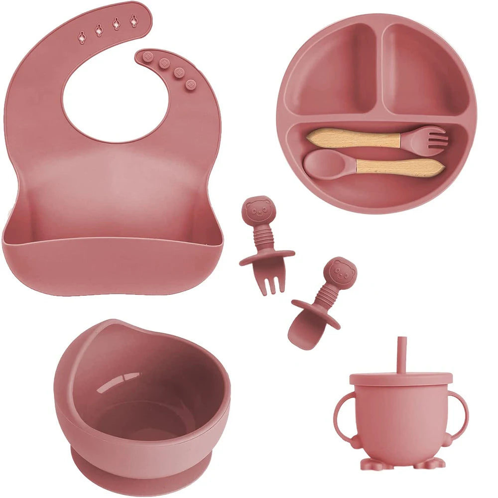 silicone baby feeding set with suction bowl plate spoon fork and bib