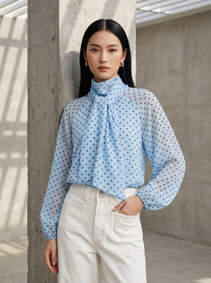 Light blue polka dot tie neck blouse