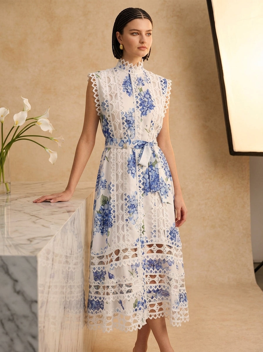 Sleeveless blue floral dress