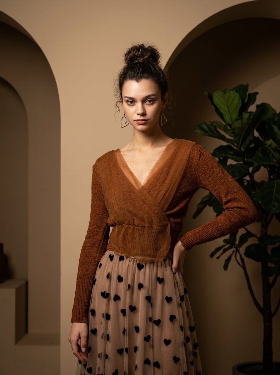 Caramel mesh wrap knit crop top