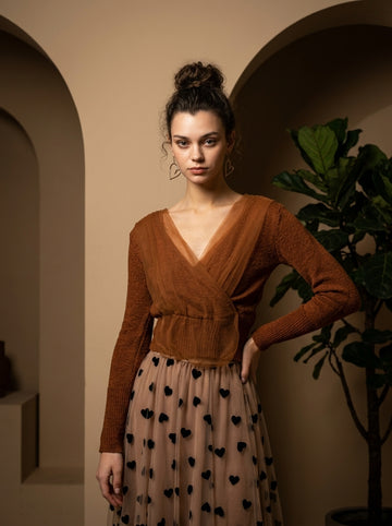 Caramel mesh wrap knit crop top